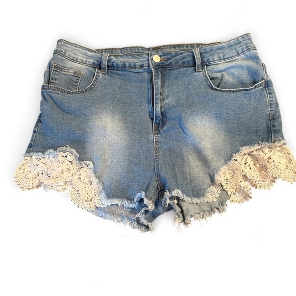 SHEIN Pants - SHEIN Blue Denim Shorts with Cream Lace Hem